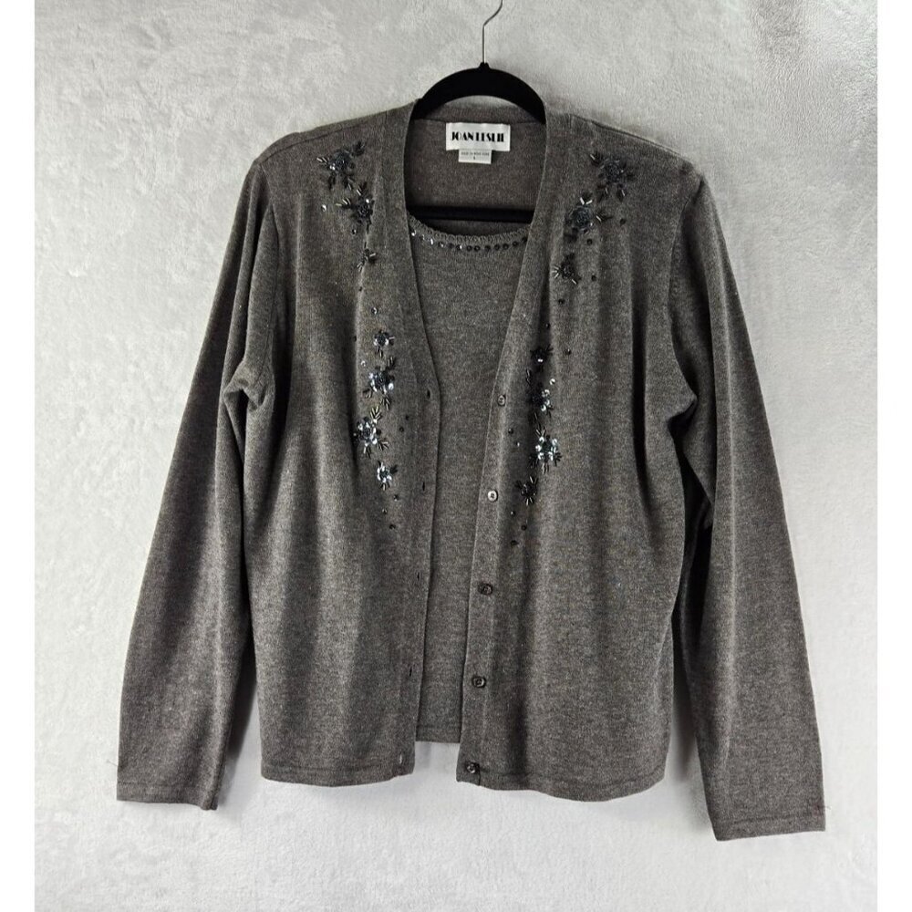 Beaded Sequined Sweater Top Faux Twinset szL Gray Joan Leslie 80s VTG One Piece
